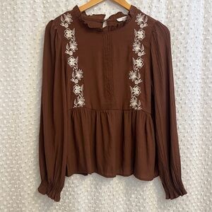 Brown Blouse with White Floral Embroidery